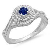 0.60 Carat (ctw) 10K White Gold Round Cut Blue Sapphire & White Diamond Ladies Crossover Swirl Bridal Halo Engagement Ring