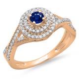 0.60 Carat (ctw) 14K Rose Gold Round Cut Blue Sapphire & White Diamond Ladies Crossover Swirl Bridal Halo Engagement Ring