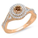 0.60 Carat (ctw) 10K Rose Gold Round Cut Champagne & White Diamond Ladies Crossover Swirl Bridal Halo Engagement Ring