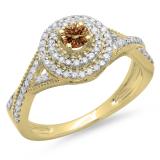 0.60 Carat (ctw) 10K Yellow Gold Round Cut Champagne & White Diamond Ladies Crossover Swirl Bridal Halo Engagement Ring