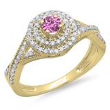 0.60 Carat (ctw) 10K Yellow Gold Round Cut Pink Sapphire & White Diamond Ladies Crossover Swirl Bridal Halo Engagement Ring