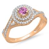 0.60 Carat (ctw) 14K Rose Gold Round Cut Pink Sapphire & White Diamond Ladies Crossover Swirl Bridal Halo Engagement Ring