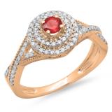 0.60 Carat (ctw) 14K Rose Gold Round Cut Red Ruby & White Diamond Ladies Crossover Swirl Bridal Halo Engagement Ring