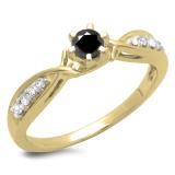 0.33 Carat (ctw) 10K Yellow Gold Round Cut Black & White Diamond Ladies Bridal Solitaire With Accents Engagement Ring 1/3 CT