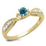 0.33 Carat (ctw) 10K Yellow Gold Round Cut Blue & White Diamond Ladies Bridal Solitaire With Accents Engagement Ring 1/3 CT