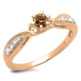 0.33 Carat (ctw) 18K Rose Gold Round Cut Champagne & White Diamond Ladies Bridal Solitaire With Accents Engagement Ring 1/3 CT