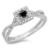 0.50 Carat (ctw) 14K White Gold Round Cut Black & White Diamond Ladies Bridal Swirl Split Shank Halo Engagement Ring 1/2 CT