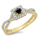 0.50 Carat (ctw) 14K Yellow Gold Round Cut Black & White Diamond Ladies Bridal Swirl Split Shank Halo Engagement Ring 1/2 CT