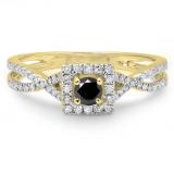 0.50 Carat (ctw) 14K Yellow Gold Round Cut Black & White Diamond Ladies Bridal Swirl Split Shank Halo Engagement Ring 1/2 CT