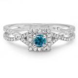 0.50 Carat (ctw) 10K White Gold Round Cut Blue & White Diamond Ladies Bridal Swirl Split Shank Halo Engagement Ring 1/2 CT