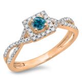 0.50 Carat (ctw) 14K Rose Gold Round Cut Blue & White Diamond Ladies Bridal Swirl Split Shank Halo Engagement Ring 1/2 CT
