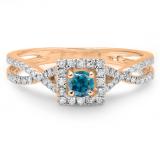 0.50 Carat (ctw) 14K Rose Gold Round Cut Blue & White Diamond Ladies Bridal Swirl Split Shank Halo Engagement Ring 1/2 CT