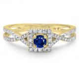 0.50 Carat (ctw) 10K Yellow Gold Round Cut Blue Sapphire & White Diamond Ladies Bridal Swirl Split Shank Halo Engagement Ring 1/2 CT