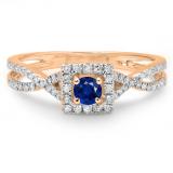 0.50 Carat (ctw) 14K Rose Gold Round Cut Blue Sapphire & White Diamond Ladies Bridal Swirl Split Shank Halo Engagement Ring 1/2 CT