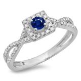 0.50 Carat (ctw) 14K White Gold Round Cut Blue Sapphire & White Diamond Ladies Bridal Swirl Split Shank Halo Engagement Ring 1/2 CT