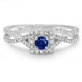 0.50 Carat (ctw) 14K White Gold Round Cut Blue Sapphire & White Diamond Ladies Bridal Swirl Split Shank Halo Engagement Ring 1/2 CT