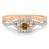 0.50 Carat (ctw) 10K Rose Gold Round Cut Champagne & White Diamond Ladies Bridal Swirl Split Shank Halo Engagement Ring 1/2 CT