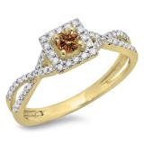0.50 Carat (ctw) 14K Yellow Gold Round Cut Champagne & White Diamond Ladies Bridal Swirl Split Shank Halo Engagement Ring 1/2 CT