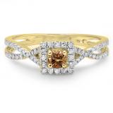 0.50 Carat (ctw) 14K Yellow Gold Round Cut Champagne & White Diamond Ladies Bridal Swirl Split Shank Halo Engagement Ring 1/2 CT