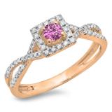0.50 Carat (ctw) 10K Rose Gold Round Cut Pink Sapphire & White Diamond Ladies Bridal Swirl Split Shank Halo Engagement Ring 1/2 CT