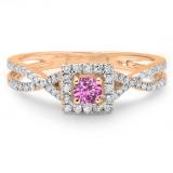 0.50 Carat (ctw) 10K Rose Gold Round Cut Pink Sapphire & White Diamond Ladies Bridal Swirl Split Shank Halo Engagement Ring 1/2 CT