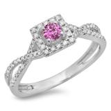 0.50 Carat (ctw) 10K White Gold Round Cut Pink Sapphire & White Diamond Ladies Bridal Swirl Split Shank Halo Engagement Ring 1/2 CT