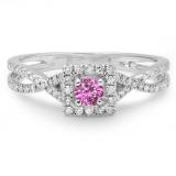 0.50 Carat (ctw) 10K White Gold Round Cut Pink Sapphire & White Diamond Ladies Bridal Swirl Split Shank Halo Engagement Ring 1/2 CT