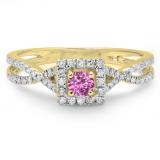 0.50 Carat (ctw) 10K Yellow Gold Round Cut Pink Sapphire & White Diamond Ladies Bridal Swirl Split Shank Halo Engagement Ring 1/2 CT
