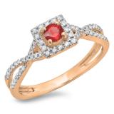 0.50 Carat (ctw) 14K Rose Gold Round Cut Red Ruby & White Diamond Ladies Bridal Swirl Split Shank Halo Engagement Ring 1/2 CT