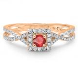 0.50 Carat (ctw) 14K Rose Gold Round Cut Red Ruby & White Diamond Ladies Bridal Swirl Split Shank Halo Engagement Ring 1/2 CT