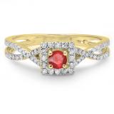 0.50 Carat (ctw) 14K Yellow Gold Round Cut Red Ruby & White Diamond Ladies Bridal Swirl Split Shank Halo Engagement Ring 1/2 CT