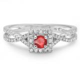 0.50 Carat (ctw) 18K White Gold Round Cut Red Ruby & White Diamond Ladies Bridal Swirl Split Shank Halo Engagement Ring 1/2 CT