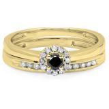 0.33 Carat (ctw) 10K Yellow Gold Round Cut Black & White Diamond Ladies Bridal Halo Engagement Ring With Matching Band Set 1/3 CT