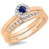 0.33 Carat (ctw) 10K Rose Gold Round Cut Blue Sapphire & White Diamond Ladies Bridal Halo Engagement Ring With Matching Band Set 1/3 CT