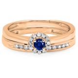 0.33 Carat (ctw) 10K Rose Gold Round Cut Blue Sapphire & White Diamond Ladies Bridal Halo Engagement Ring With Matching Band Set 1/3 CT