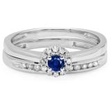 0.33 Carat (ctw) 10K White Gold Round Cut Blue Sapphire & White Diamond Ladies Bridal Halo Engagement Ring With Matching Band Set 1/3 CT