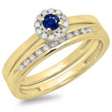 0.33 Carat (ctw) 10K Yellow Gold Round Cut Blue Sapphire & White Diamond Ladies Bridal Halo Engagement Ring With Matching Band Set 1/3 CT