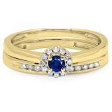 0.33 Carat (ctw) 10K Yellow Gold Round Cut Blue Sapphire & White Diamond Ladies Bridal Halo Engagement Ring With Matching Band Set 1/3 CT