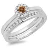 0.33 Carat (ctw) 14K White Gold Round Cut Champagne & White Diamond Ladies Bridal Halo Engagement Ring With Matching Band Set 1/3 CT