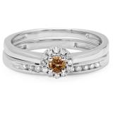 0.33 Carat (ctw) 14K White Gold Round Cut Champagne & White Diamond Ladies Bridal Halo Engagement Ring With Matching Band Set 1/3 CT