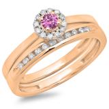 0.33 Carat (ctw) 14K Rose Gold Round Cut Pink Sapphire & White Diamond Ladies Bridal Halo Engagement Ring With Matching Band Set 1/3 CT