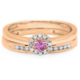 0.33 Carat (ctw) 14K Rose Gold Round Cut Pink Sapphire & White Diamond Ladies Bridal Halo Engagement Ring With Matching Band Set 1/3 CT