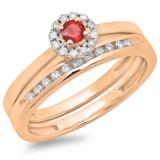 0.33 Carat (ctw) 10K Rose Gold Round Cut Red Ruby & White Diamond Ladies Bridal Halo Engagement Ring With Matching Band Set 1/3 CT