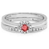 0.33 Carat (ctw) 10K White Gold Round Cut Red Ruby & White Diamond Ladies Bridal Halo Engagement Ring With Matching Band Set 1/3 CT