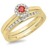 0.33 Carat (ctw) 10K Yellow Gold Round Cut Red Ruby & White Diamond Ladies Bridal Halo Engagement Ring With Matching Band Set 1/3 CT