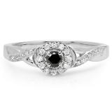 0.25 Carat (ctw) 10K White Gold Round Black & White Diamond Ladies Swirl Split Shank Bridal Halo Engagement Ring 1/4 CT