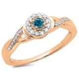 0.25 Carat (ctw) 10K Rose Gold Round Blue & White Diamond Ladies Swirl Split Shank Bridal Halo Engagement Ring 1/4 CT