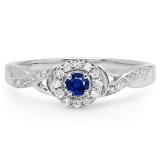 0.25 Carat (ctw) 14K White Gold Round Blue Sapphire & White Diamond Ladies Swirl Split Shank Bridal Halo Engagement Ring 1/4 CT
