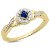 0.25 Carat (ctw) 14K Yellow Gold Round Blue Sapphire & White Diamond Ladies Swirl Split Shank Bridal Halo Engagement Ring 1/4 CT