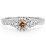 0.25 Carat (ctw) 14K White Gold Round Champagne & White Diamond Ladies Swirl Split Shank Bridal Halo Engagement Ring 1/4 CT